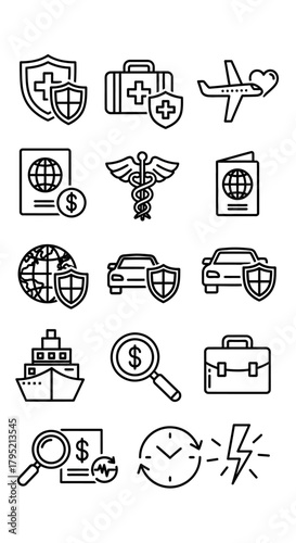 Collection of Insurance and Travel Related Outline Icons with Medical and Financial Symbols.