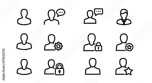 Collection of User Profile Icons with Various Settings and Communication Symbols.