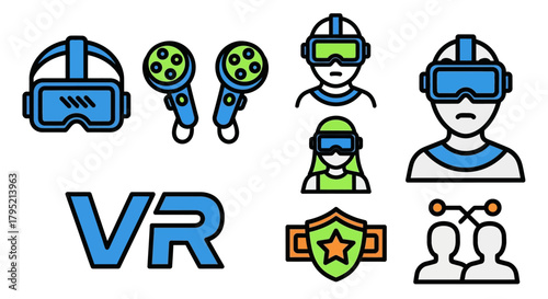 Virtual Reality Headset, Controllers, and User Icons.