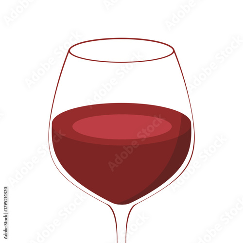 A close up of a clear wine glass filled with deep red wine on a white background
