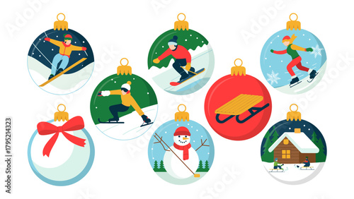 Festive Ornaments of Winter Fun: A collection of decorative holiday ornaments showcases various winter activities, capturing the spirit of winter holiday season.