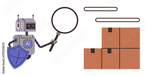 Robot holding magnifying glass and shield inspecting stacked boxes representing security, automation, AI, and logistics. Ideal for technology, innovation, e-commerce, supply chain, safety quality