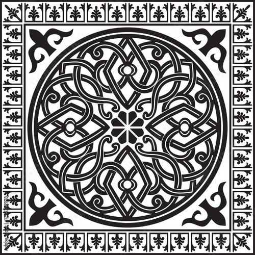 Vector black monochrome square stencil classic byzantine ornament. Rectangle, border, Ancient Greece, Eastern Roman Empire frame. Decoration of the Russian Orthodox Church