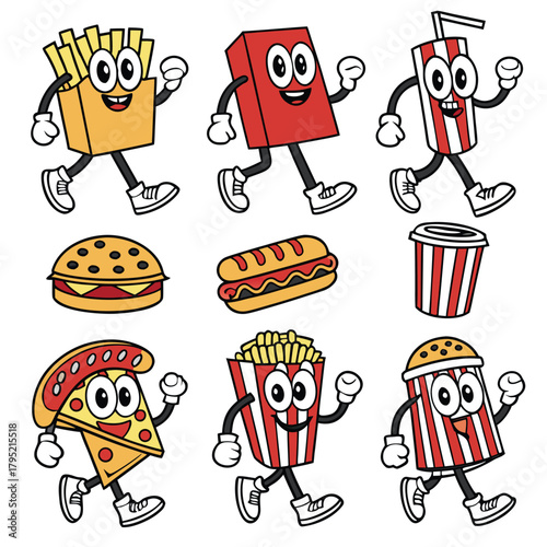 Cartoon fast food characters including fries burger pizza and soda walking together cheerfully