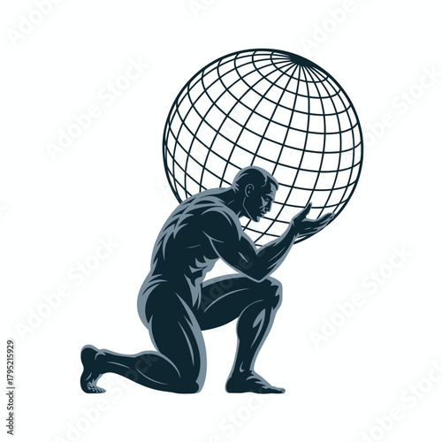Silhouette of a muscular man kneeling and holding a large globe on his shoulders