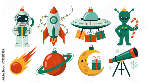 Cosmic Ornaments: A festive collection of celestial-themed ornaments, including a rocket ship, alien, UFO and more, each ready to add a touch of space-age charm to the holiday season.