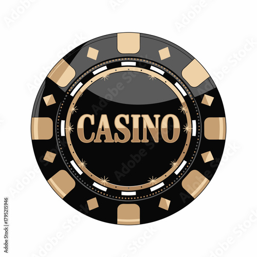 Close up of a single black and gold casino poker chip with the word casino in the center