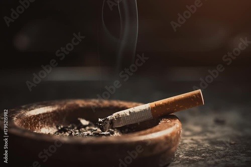 Smoky atmosphere captured in a close-up sequence of a cigarette resting in an ashtray, showcasing the gradual release of smoke, camera zooms in for detail