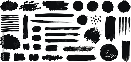 Artistic black brush strokes and grunge elements collection set