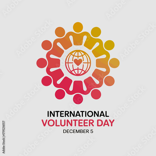 International volunteer day globe icon with heart and people figures in a circle
