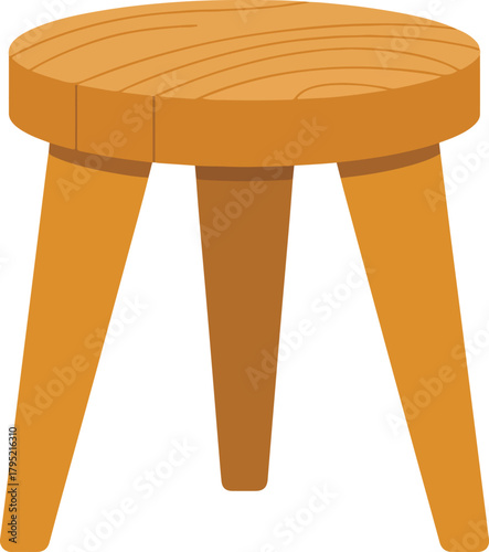 Wooden three legged stool vector graphic isolated on a transparent background for home decor and furniture concepts.