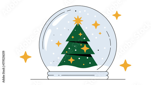 Winter Wonderland in a Globe: A charming illustration showcases a festive Christmas tree inside a snow globe, surrounded by gentle snowfall and twinkling stars.