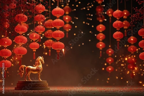 Golden horse statue illuminated by vibrant red lanterns, as fireworks burst in the background, creating a festive atmosphere, camera pans and zooms in