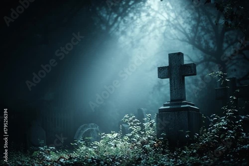 Ethereal graveyard scene illuminated by soft moonlight, showcasing a weathered cross surrounded by lush greenery, as the camera slowly pans to reveal the tranquil atmosphere