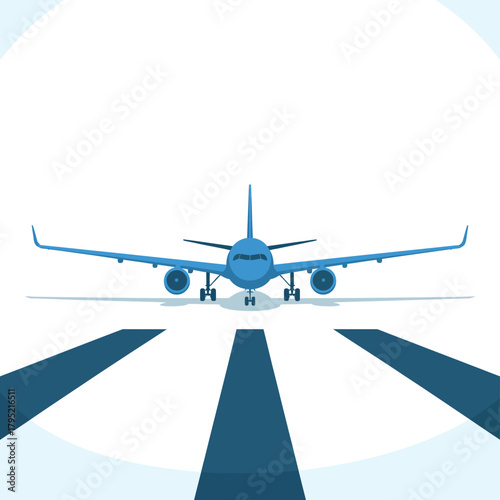 Front view of a blue airplane on a runway ready for takeoff or landing