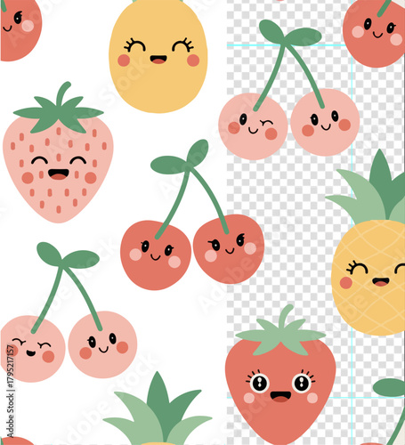 Illustration of cute seamless pattern with kawaii fruits like strawberry, cherry, pineapple and lemon on white background