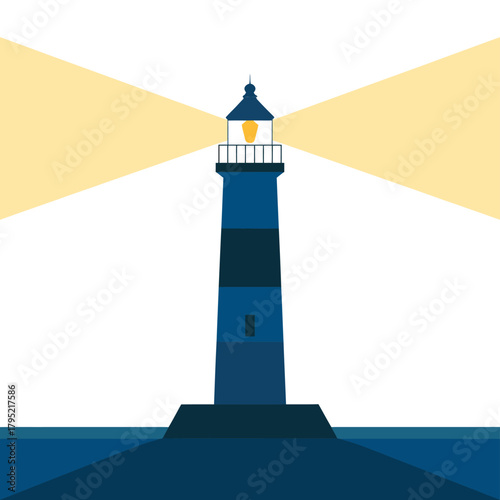 Illustration of a tall dark blue lighthouse emitting bright yellow beams of light across a calm blue sea