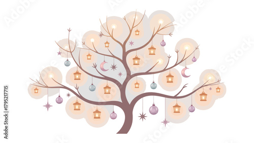 Festive Tree of Light: A whimsical illustration of a stylized tree adorned with twinkling lights and decorative ornaments, evoking a sense of celebration and enchantment.