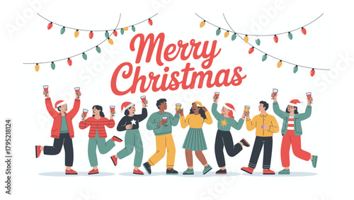 Festive Gathering: Friends raising glasses in celebration beneath a festive string of lights, celebrating the spirit of the season.