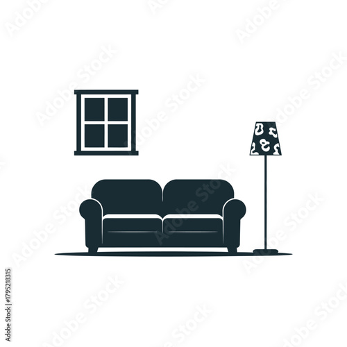 Simple illustration of a living room with a sofa and lamp