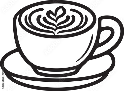 Coffee cup vector illustration: latte art graphic, black and white eps silhouette