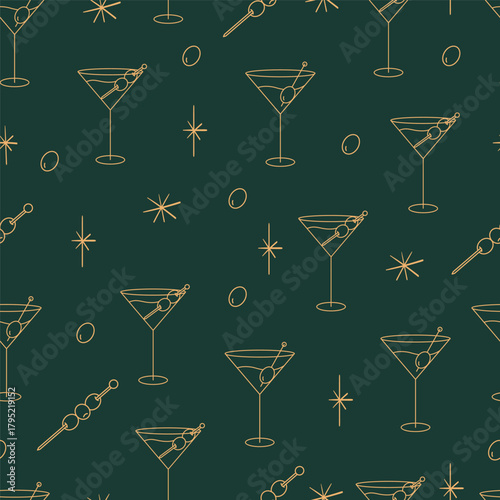 Martini glass cocktail cute hand drawn doodle seamless pattern on dark green. Martini with olives.
