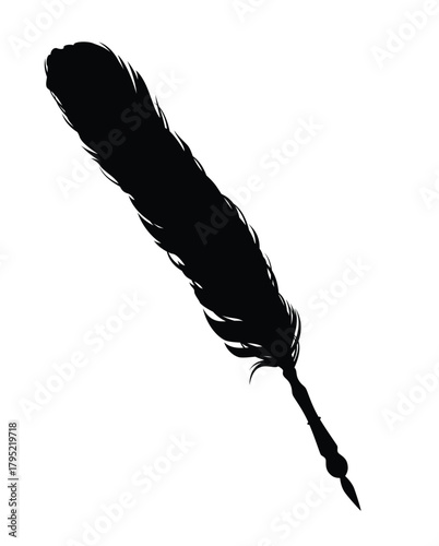detailed black and white vector silhouette outline of antique style feather pen for poetry and education concept  design