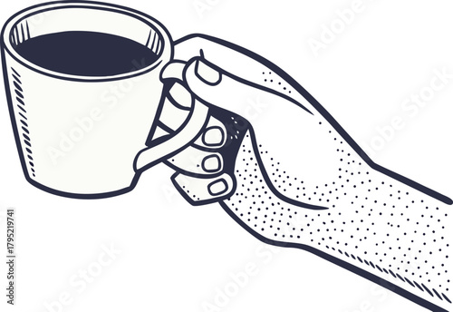 Hand holding a cup of coffee, classic engraved illustration design