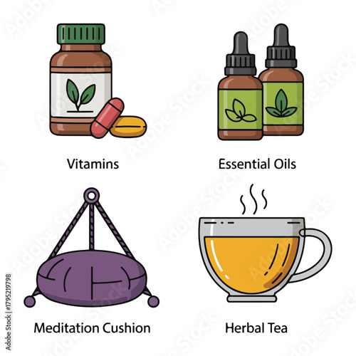 Alternative medicine icons with vitamins, essential oils, tea and cushion