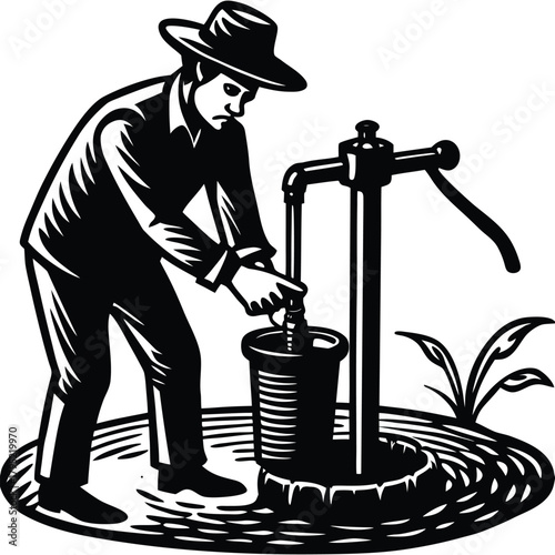 Water Pump Man Silhouette Vector Illustration of a Farmer Filling Bucket on White Background