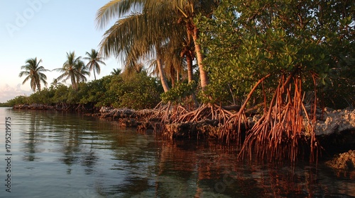 view of tropical mangrove ecosystem during golden hour with reflections in shallow brackish water. mangrove forest, golden hour light, reflective water, wetland environment, tropical ecology, 