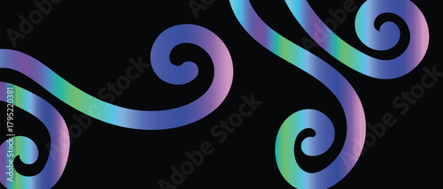 Gradient turquoise, purple, and blue spiral forms curve gently across the black background