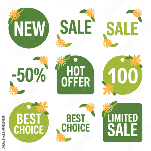 Collection of green sale and discount tags with floral accents