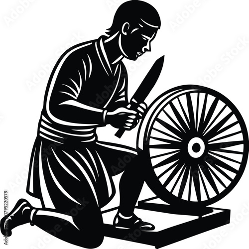 Knife Sharpener Silhouette Illustration of a Craftsman at Work on a Grinding Wheel on White Background