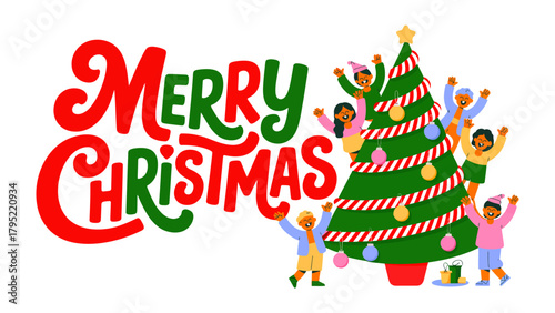 Joyful Christmas Celebration: A vibrant, colorful illustration captures the spirit of Christmas, featuring a decorated tree surrounded by happy children, conveying the message of Merry Christmas.