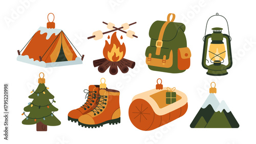 Camping Adventure Elements: Delightful illustrations depict a collection of essential camping elements, ideal for evoking a sense of outdoor adventure, travel, and festive holiday fun. 