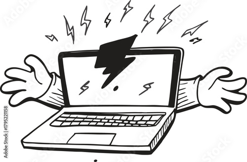 Laptop malfunction illustration with hands and lightning bolt