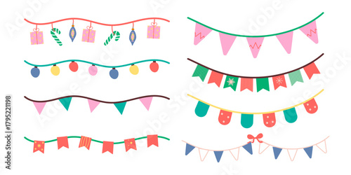 Christmas bunting garlands set with festive flags ornaments and winter decorations