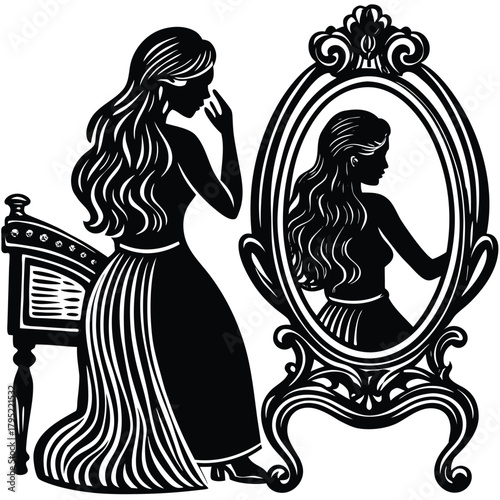 Elegant Woman Silhouette Gazing into Mirror with Ornate Frame in Vector Art on White Background