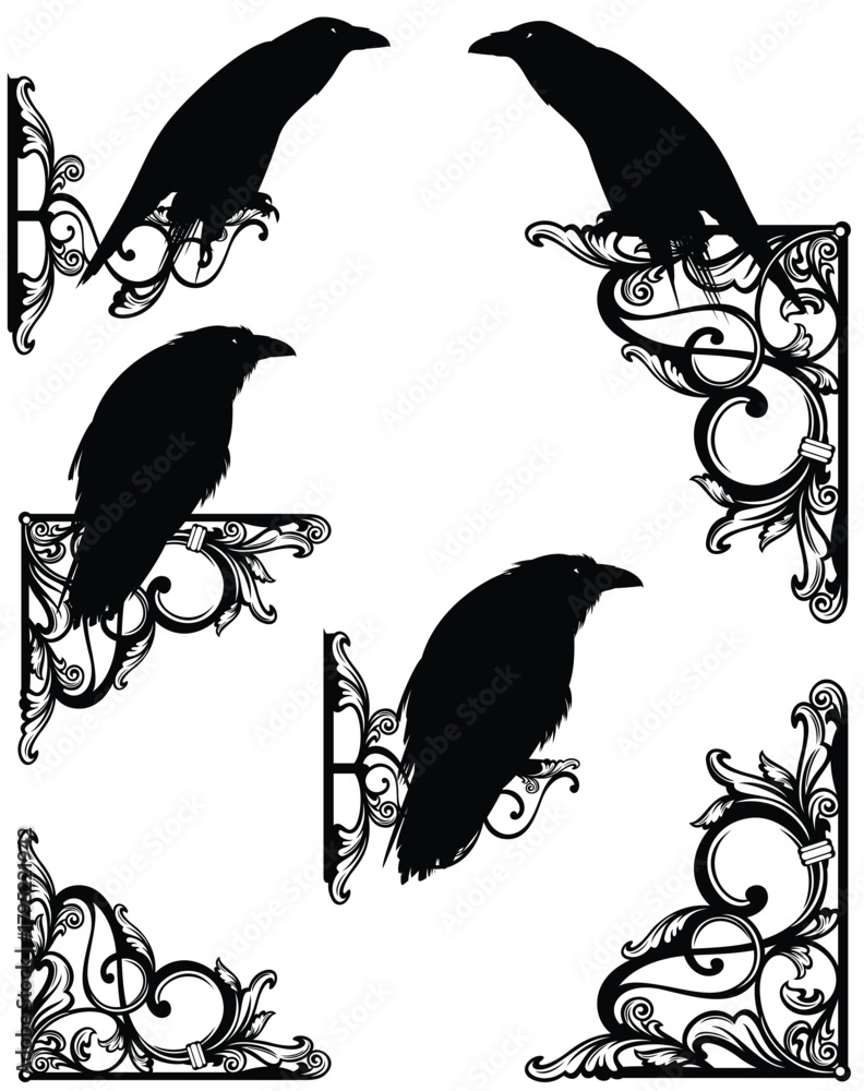 Fototapeta premium fairy tale ornament frame corners with sitting watchful raven birds - black and white vector decor design for witchcraft and sorcery concept