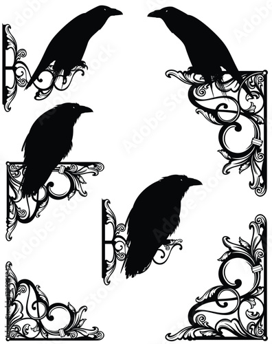 fairy tale ornament frame corners with sitting watchful raven birds -  black and white vector decor design for witchcraft and sorcery concept