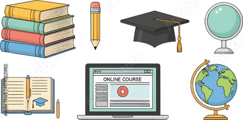 A complementary set of education icons featuring an open book, a stack of books, a globe, and a laptop with e-learning content. Excellent for academic and virtual school materials.