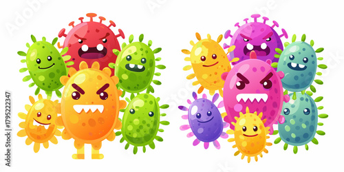 Collection of colorful cartoon virus characters with different expressions and emotions on a white background
