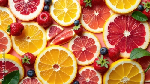 Vibrant Sliced Citrus Fruits and Berries Background.