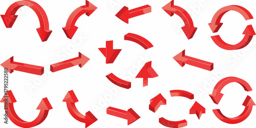 Collection of red 3d arrows pointing in various directions and forming cycles