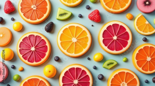 A vibrant and colorful flat lay of assorted citrus fruit slices.
