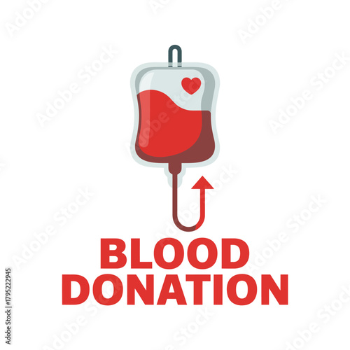 Illustration of a blood bag with a heart symbol and the words blood donation
