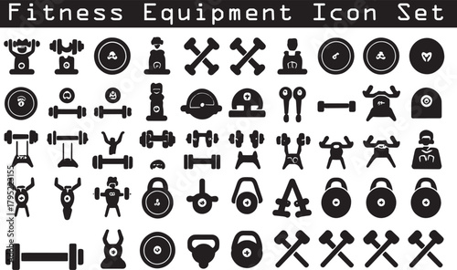 “Gym Weight Plates and Barbell Icons – Black Fitness Equipment Set”
