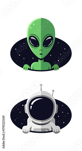 This charming vector set features a curious green alien and a smiling astronaut, both popping out of matching starry space portals in a cute, flat design