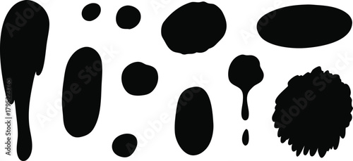 Abstract black ink splatters and organic shapes on white background